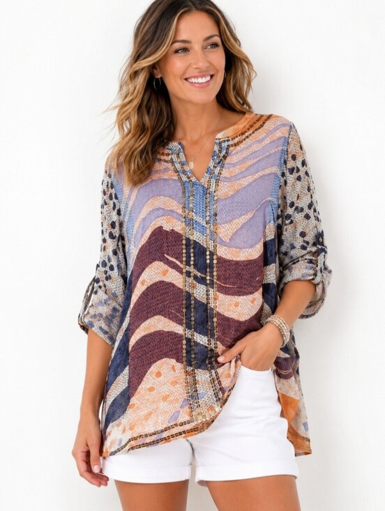 Chico's Tops - Chico’s Women’s Tunic Top Size Medium Sheer Abstract Print Roll Tab Sleeves